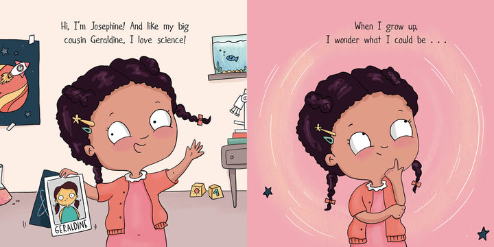 A girl with dark braids, Josephine, says she loves science while holding a photo labeled “Geraldine.” In the next panel, Gizmo Girl wonders what she could be when she grows up in "I Could Be" by Schiffer Publishing, Ltd.