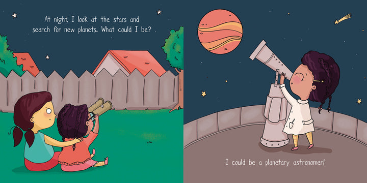 In "I Could Be" by Schiffer Publishing, Ltd., two girls sit on grass at night using binoculars to stargaze, while a Gizmo Girl in a lab coat dreams of becoming a planetary astronomer through her telescope.