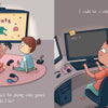 Three kids play video games, while Gizmo Girl imagines herself as a future game designer at a desk. "I Could Be" by Schiffer Publishing, Ltd. is a STEAM board book that inspires children to dream big about their future careers.
