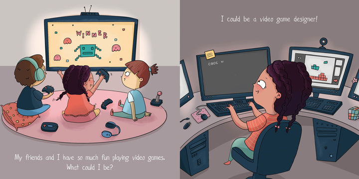 Three kids play video games, while Gizmo Girl imagines herself as a future game designer at a desk. "I Could Be" by Schiffer Publishing, Ltd. is a STEAM board book that inspires children to dream big about their future careers.