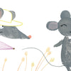 Two cartoon mice stand in a field. One wears a hat, green backpack, and holds a striped umbrella, the other smiles holding a bucket with a starfish. Text: "Henri, we're going to the beach!" From Lili at the Beach by Schiffer Publishing, Ltd.