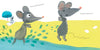 In "Lili at the Beach" by Schiffer Publishing, Ltd., gray mice enjoy the sandy shore—one calls from the water, “Henri, come and swim!” as another shivers on land, while a fingerprint-illustrated mouse sits under a blue umbrella.