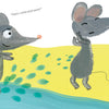 In "Lili at the Beach" by Schiffer Publishing, Ltd., gray mice enjoy the sandy shore—one calls from the water, “Henri, come and swim!” as another shivers on land, while a fingerprint-illustrated mouse sits under a blue umbrella.