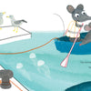 In "Lili at the Beach" by Schiffer Publishing, Ltd., two mice in life vests float in a blue boat at the dock—one paddling, one ill. Whimsical fingerprint art details seagulls watching above and jellyfish swimming below.