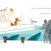 In "Lili at the Beach" by Schiffer Publishing, Ltd., two gray mice stand on a dock by the water while a fox and mouse visit a snack stand, with seagulls and colorful fingerprint art creating a playful seaside scene.