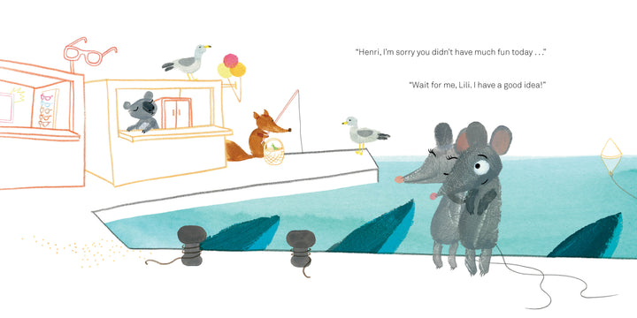 In "Lili at the Beach" by Schiffer Publishing, Ltd., two gray mice stand on a dock by the water while a fox and mouse visit a snack stand, with seagulls and colorful fingerprint art creating a playful seaside scene.