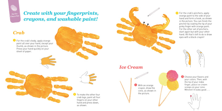 Create a crab and ice cream cone with orange handprints—ideal for early crafts. "Lili at the Beach" by Schiffer Publishing, Ltd. includes step-by-step drawings and notes, just like a board book with fingerprint illustrations.