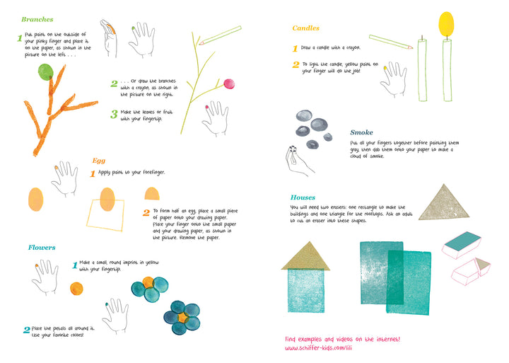 Finger Painting with Lili Activity Book by Schiffer Publishing, Ltd. teaches creative art activities, showing how to draw branches, eggs, flowers, and more with fingerprints and simple shapes using step-by-step illustrations and handwritten notes.