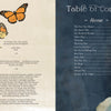 The Father Goose Treasury of Poetry by Schiffer Publishing, Ltd. features butterflies with dedications on the left page and a blue-and-white Table of Contents with poem titles and a silhouette on the right, perfect for this illustrated children’s poetry book.