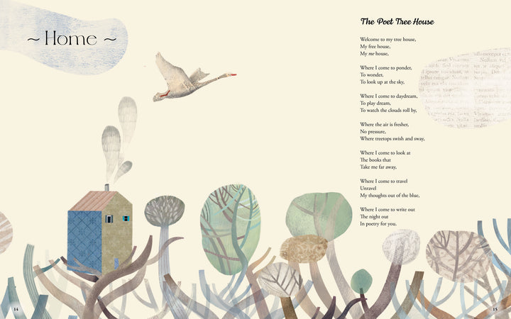 A whimsical illustration shows a blue house with smoke from its chimney, stylized trees, and a goose flying above. On the right is a poem titled "The Poet Tree House" from The Father Goose Treasury of Poetry by Schiffer Publishing, Ltd.