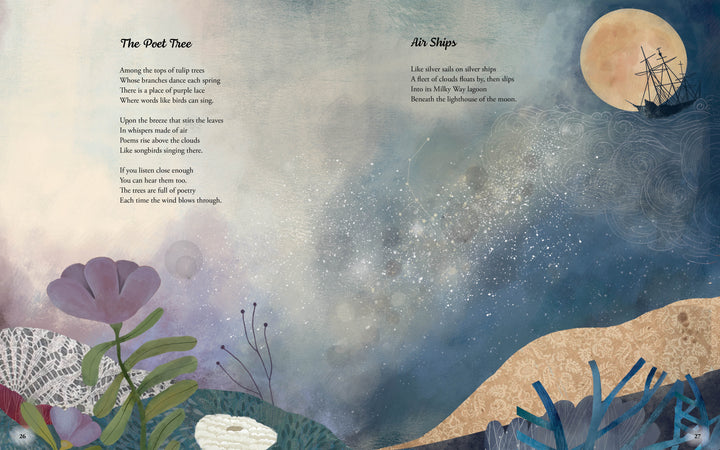 The Father Goose Treasury of Poetry by Schiffer Publishing, Ltd. features a dreamy landscape with flowers, lace, a ship before a moon, and two poems—The Poet Tree and Air Ships—perfect for young readers.