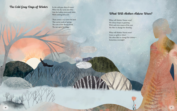 Experience a wintry scene with leafless trees, snowy hills, and a river in The Father Goose Treasury of Poetry by Schiffer Publishing, Ltd.—featuring animal silhouettes, a translucent figure in patterned clothes, and handwritten children’s poems over the background.