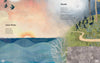 An illustrated spread in *The Father Goose Treasury of Poetry* (Schiffer Publishing, Ltd.) shows a sunrise over the ocean, children playing among bluebells, soaring birds, and poems titled “Science Fraction” and “Bluebells.”.
