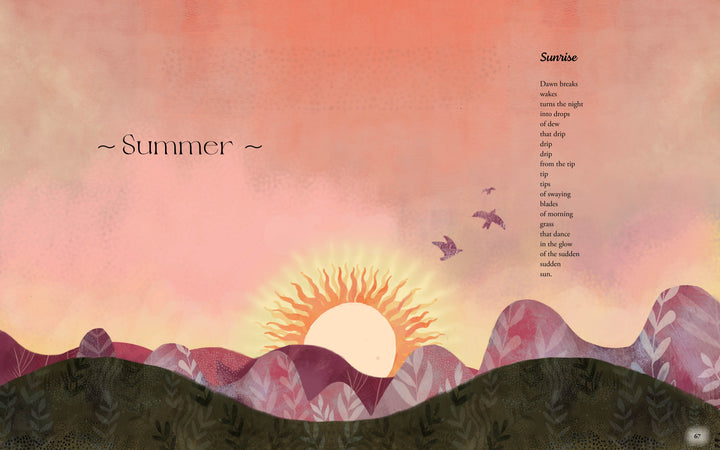 Illustration of a sunrise over rolling hills with leafy patterns, birds in flight, and a pink-orange sky. Left: “~ Summer ~”; right: poem "Sunrise" from The Father Goose Treasury of Poetry by Schiffer Publishing, Ltd.