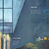 A group of lit candles glows on a windowsill at night, rain pouring outside with colorful houses below. "The Father Goose Treasury of Poetry" by Schiffer Publishing, Ltd. features illustrated poems for young readers across both pages.