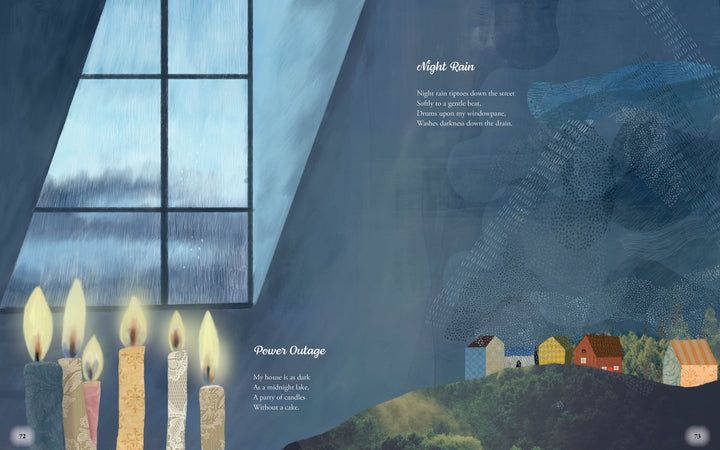 A group of lit candles glows on a windowsill at night, rain pouring outside with colorful houses below. "The Father Goose Treasury of Poetry" by Schiffer Publishing, Ltd. features illustrated poems for young readers across both pages.