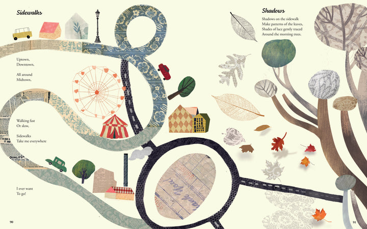 The Father Goose Treasury of Poetry by Schiffer Publishing, Ltd. is a whimsical illustrated collection with winding sidewalks, autumn leaves, buildings, and a ferris wheel—featuring short poems for young readers seamlessly woven into the art.