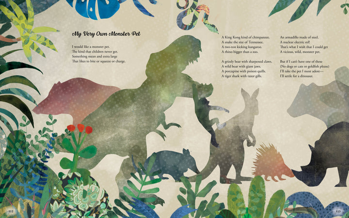 The Father Goose Treasury of Poetry by Schiffer Publishing, Ltd. features poems for young readers amidst colorful illustrations of imaginary monster pets like dinosaurs, King Kong, and dragons set in vibrant jungle foliage.