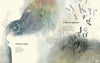 A dreamy, watercolor-style spread from The Father Goose Treasury of Poetry (Schiffer Publishing, Ltd.) features musical notes, a web, letters, and two poems—“A Poem Is a Song” and “A Poem Is a Spiderweb”—amid faded background motifs.