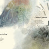 A dreamy, watercolor-style spread from The Father Goose Treasury of Poetry (Schiffer Publishing, Ltd.) features musical notes, a web, letters, and two poems—“A Poem Is a Song” and “A Poem Is a Spiderweb”—amid faded background motifs.