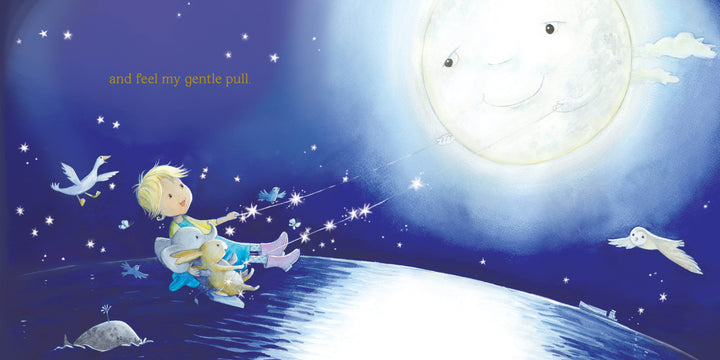 A child cuddles a bunny on a grassy hill under a smiling moon and sparkling stars in "If I Were the Moon" by Schiffer Publishing, Ltd. The text reads, “and feel my gentle pull”—a perfect bedtime story.