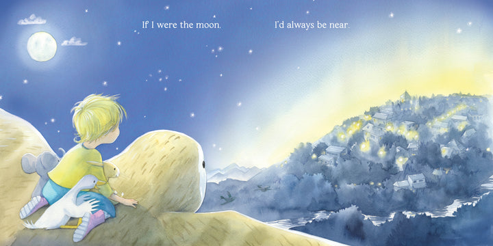 A child in pajamas with stuffed animals sits on a large bird, gazing at a glowing town beneath a starry night sky in Schiffer Publishing, Ltd.’s “If I Were the Moon”—a heartwarming bedtime story celebrating the caregiver-child bond.