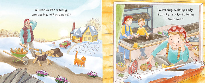 A man gathers firewood in the snow while a cat lingers nearby. Through the window, children play with trucks. This cozy scene recalls the warmth and friendship found in Schiffer Publishing, Ltd.'s "Spring Is for Strawberries.