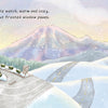 An illustrated children's book cover for "Spring Is for Strawberries" by Schiffer Publishing, Ltd. shows colorful houses with holiday lights, a family at the window, snowy mountains and trees, cars in driveways, and overlaid text.