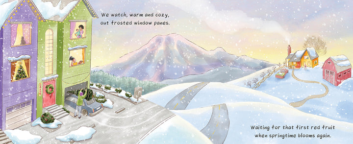 An illustrated children's book cover for "Spring Is for Strawberries" by Schiffer Publishing, Ltd. shows colorful houses with holiday lights, a family at the window, snowy mountains and trees, cars in driveways, and overlaid text.