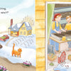 A man stands outside in winter with firewood while a cat walks nearby; inside, a woman and two children play by a window—evoking a scene from "Spring Is for Strawberries" by Schiffer Publishing, Ltd., like an illustrated tale of friendship.