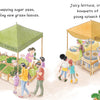 In "Spring Is for Strawberries" by Schiffer Publishing, Ltd., an illustrated story of friendship blossoms at a lively farmers market full of fresh produce, where families explore stalls for goodies and children play beneath vibrant striped tents.