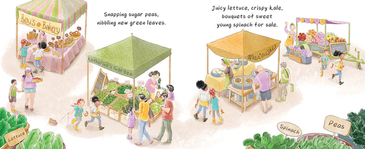 In "Spring Is for Strawberries" by Schiffer Publishing, Ltd., an illustrated story of friendship blossoms at a lively farmers market full of fresh produce, where families explore stalls for goodies and children play beneath vibrant striped tents.
