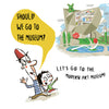 A parent and child discuss visiting a museum. On the right, they explore a lively modern art space filled with vibrant works—like an art maze. Speech bubbles read, “Should we go to the museum?” and “Ooh!”. Product: Let's Go to the Museum by Schiffer Publishing, Ltd.