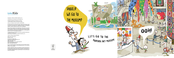 A parent and child discuss visiting a museum. On the right, they explore a lively modern art space filled with vibrant works—like an art maze. Speech bubbles read, “Should we go to the museum?” and “Ooh!”. Product: Let's Go to the Museum by Schiffer Publishing, Ltd.