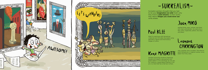 Explore Schiffer Publishing, Ltd.'s "Let's Go to the Museum"—a vibrant maze scene with surrealist art, a surprised child tagged AWESOME!, and info on modern art and surrealists Joan Miró, Paul Klee, Leonora Carrington, and René Magritte.