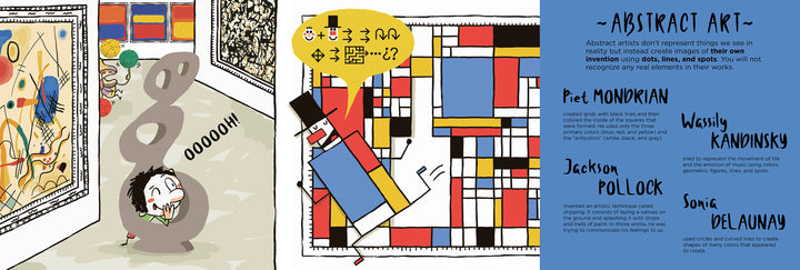 The book "Let's Go to the Museum" by Schiffer Publishing, Ltd. features a comic-style illustration of a child surprised by abstract art in a museum maze, with geometric paintings, cartoon figures, and info on modern artists like Mondrian and Kandinsky.