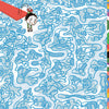 In Schiffer Publishing, Ltd.’s "Let's Go to the Museum," a cartoon man on a diving board looks into a museum maze filled with swirling abstract shapes as a voice says, “Follow the lane path… but don’t get turned around!”.