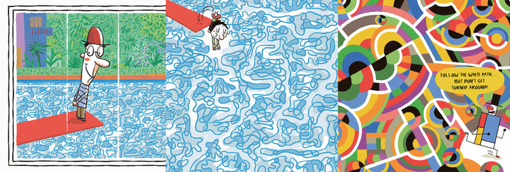 In Schiffer Publishing, Ltd.’s "Let's Go to the Museum," a cartoon man on a diving board looks into a museum maze filled with swirling abstract shapes as a voice says, “Follow the lane path… but don’t get turned around!”.
