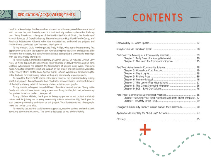 In "Adventures in Community Science" by Schiffer Publishing, Ltd., the left page features dedications and acknowledgments, while the right shows a table of contents with chapters on project-based learning and conservation for kids.