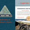 A book spread from "Adventures in Community Science" by Schiffer Publishing, Ltd. features a blue-patterned page titled Part Two, and a Chapter 3 page on horseshoe crab rescue, showcasing conservation via project-based learning by the water.