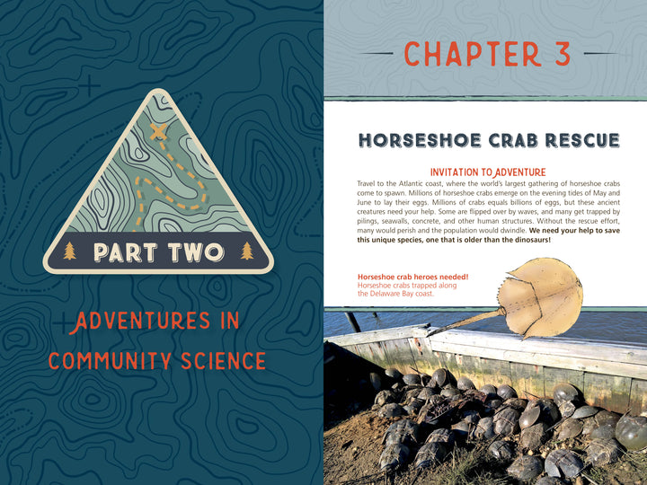 A book spread from "Adventures in Community Science" by Schiffer Publishing, Ltd. features a blue-patterned page titled Part Two, and a Chapter 3 page on horseshoe crab rescue, showcasing conservation via project-based learning by the water.