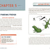 A spread from "Adventures in Community Science" by Schiffer Publishing, Ltd. shows Chapter 5, “Finding Frogs,” featuring text, a Did You Know? fact, frog illustrations, a life cycle diagram, and conservation-focused project-based activities.