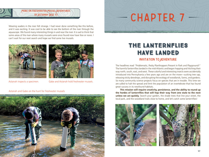 Two children in waders stand smiling in a creek, holding freshwater mussels—a scene from "Adventures in Community Science" by Schiffer Publishing, Ltd. Close-ups show mussels and boots as text highlights freshwater mussel conservation.