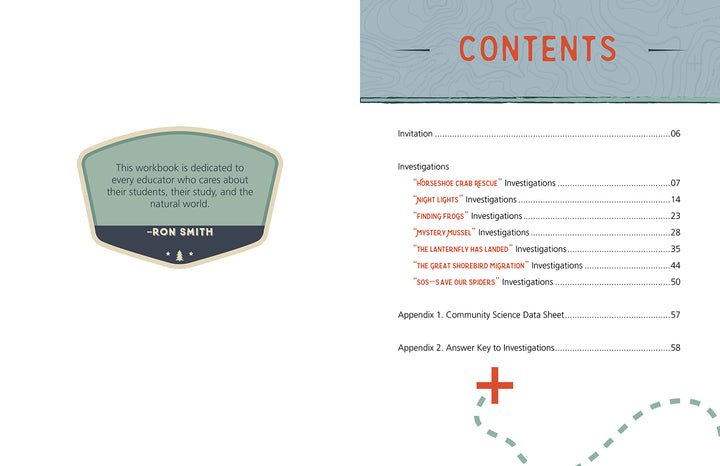 Open to the Adventures in Community Science Workbook by Schiffer Publishing, Ltd.: on the left is a dedication badge reading “This community science workbook is dedicated to every educator…”; on the right, a table of contents.