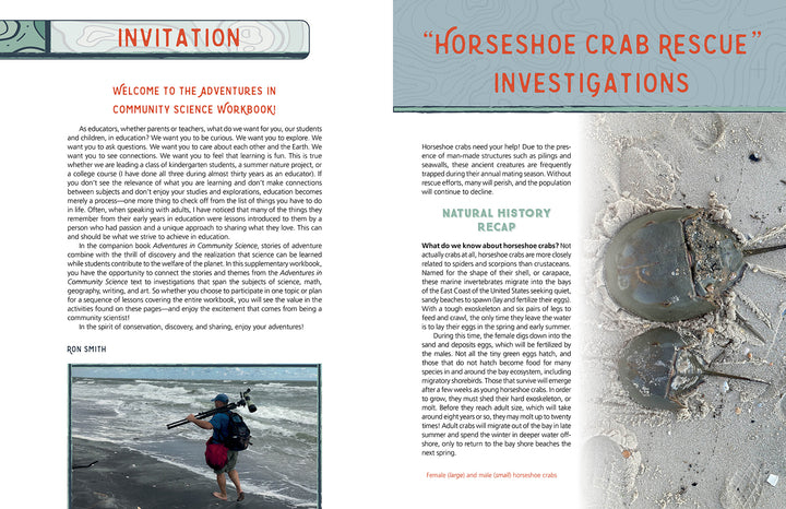 A two-page spread from Schiffer Publishing, Ltd.'s "Adventures in Community Science Workbook" welcomes readers to project-based learning with a beach explorer on the left and a horseshoe crab rescue scene on the right.