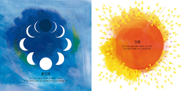 Two illustrated pages from Opposites by Schiffer Publishing, Ltd.: Left—starry blue with moon phases and science poetry. Right—a radiant orange sun with a poem. A poetic celebration of natural opposites for children.