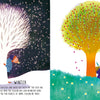 Split image: Left—child in coat and hat reads under a glowing tree in snowy winter; right—child relaxes under leafy, flowered tree in summer. "Opposites" by Schiffer Publishing, Ltd. is a children’s picture book exploring natural opposites.