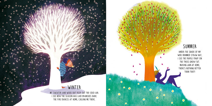 Split image: Left—child in coat and hat reads under a glowing tree in snowy winter; right—child relaxes under leafy, flowered tree in summer. "Opposites" by Schiffer Publishing, Ltd. is a children’s picture book exploring natural opposites.