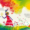 Two children in colorful outfits explore a vivid landscape of trees, flowers, and sunlight. One holds yellow flowers. On the right, a quote from "Opposites" by Schiffer Publishing, Ltd. highlights cherishing time with loved ones.