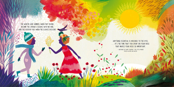 Two children in colorful outfits explore a vivid landscape of trees, flowers, and sunlight. One holds yellow flowers. On the right, a quote from "Opposites" by Schiffer Publishing, Ltd. highlights cherishing time with loved ones.